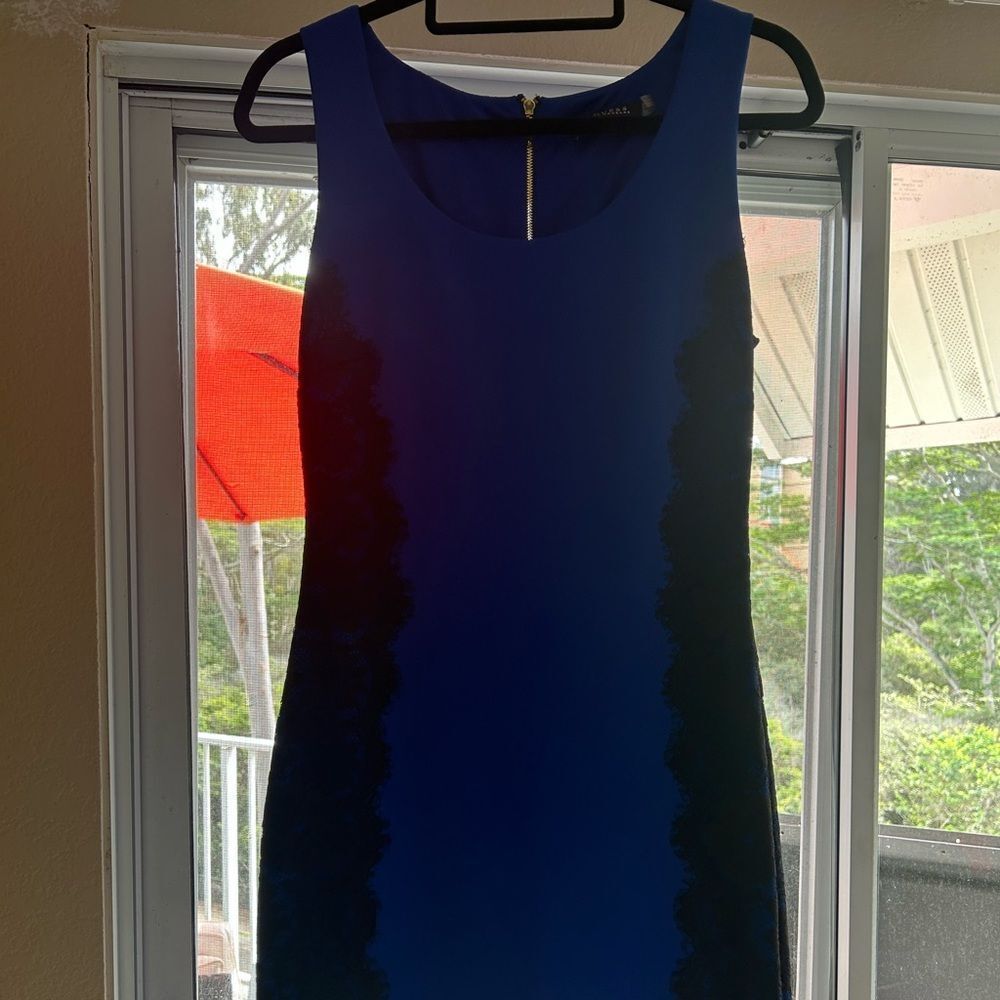 Blue Guess dress with black lace panels